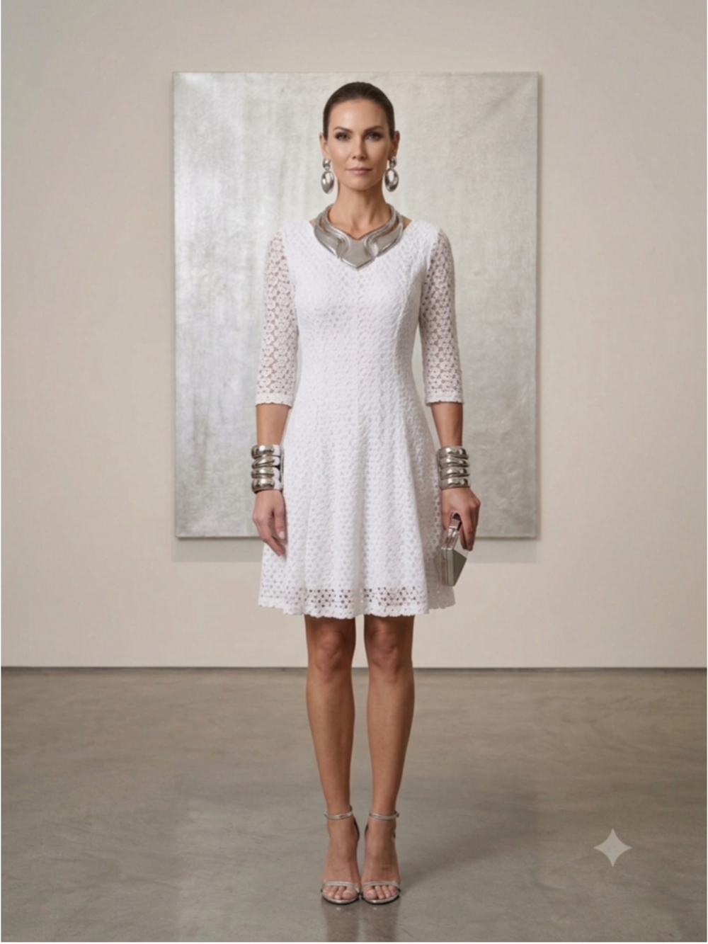 CHRIS McLaughlin White Lace A-Line Dress Sz 8 Crochet Knit 3/4 Sleeve Shift
